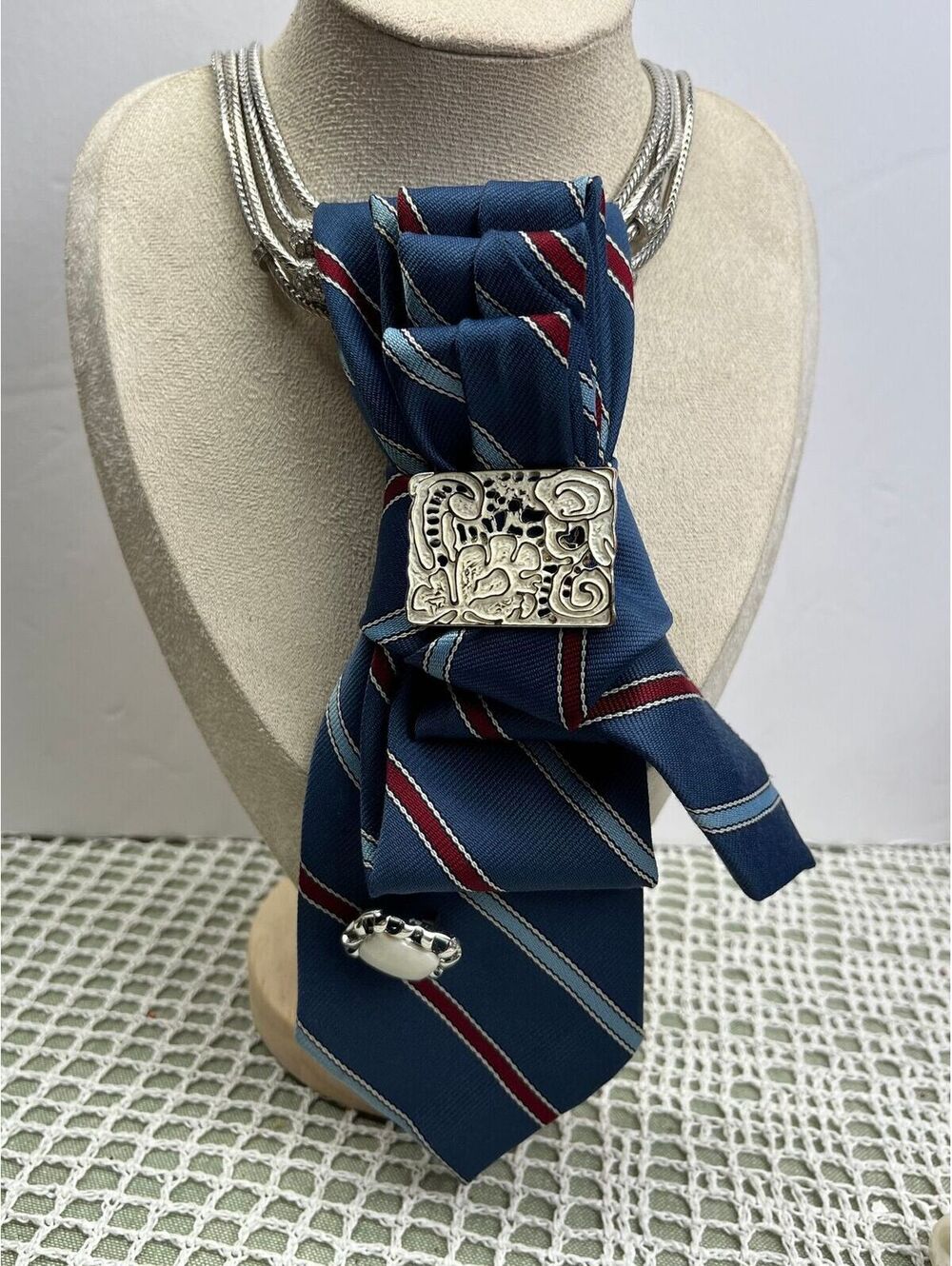 #516 Neck Tie Necklace Red & Blue Stripe Silver Tone Classic